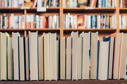 Rows of books on library shelves.