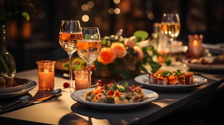 Elegant dinner date setting with wine in a cozy restaurant.