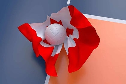 Canadian flag with volleyball, symbolizing sports in Canada.