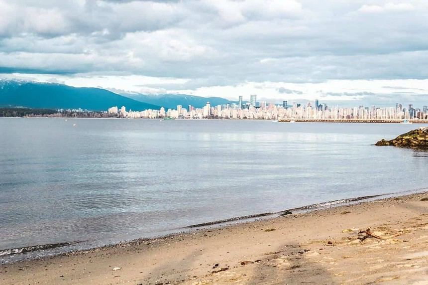 Scenic view of Jericho Beach with Vancouver skyline.