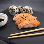 Assorted sushi set with chopsticks and soy sauce