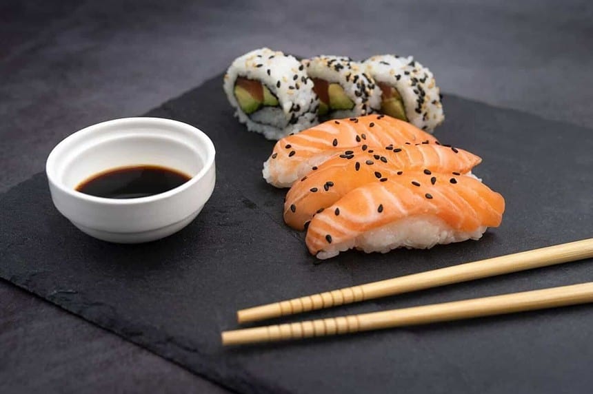 Assorted sushi set with chopsticks and soy sauce