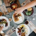Top view of a cozy brunch spread at a mountain restaurant.