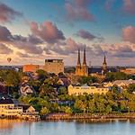 Charlottetown skyline with churches at sunset.