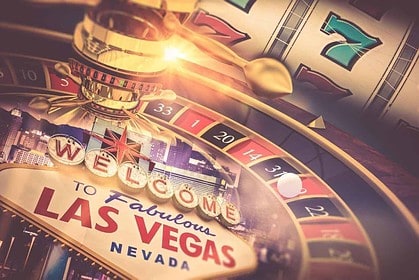 Las Vegas casino excitement with roulette wheel and slot machines.