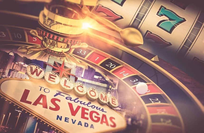 Las Vegas casino excitement with roulette wheel and slot machines.