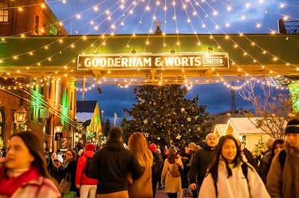 Twinkling lights at Distillery Winter Village holiday market.