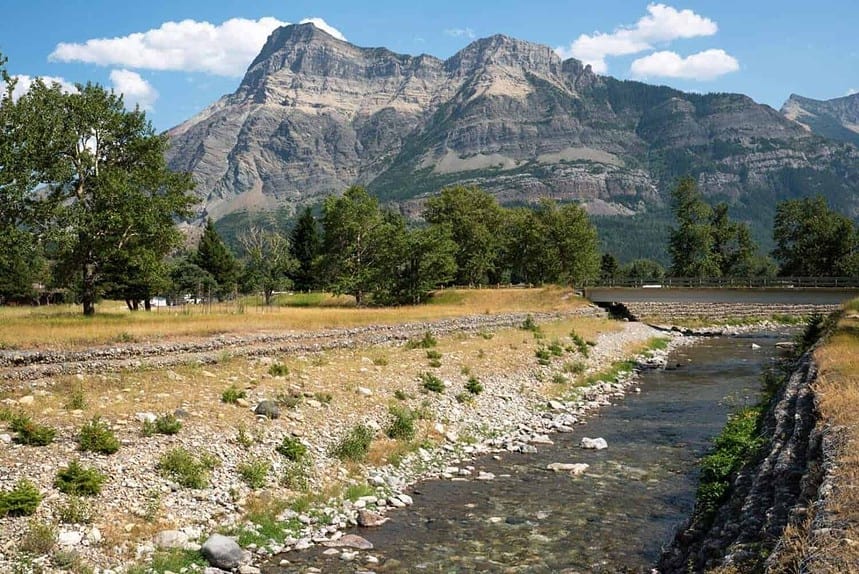 Scenic Waterton Lakes National Park with mountain backdrop in Alberta.