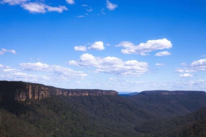 Scenic view of Budderoo National Park cliffs under blue sky.