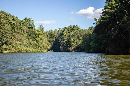 Serene Lake Kabetogama surrounded by lush forests under a clear sky.