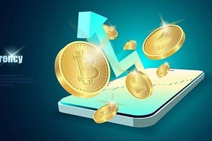 Mobile phone with cryptocurrency growth chart and coins.
