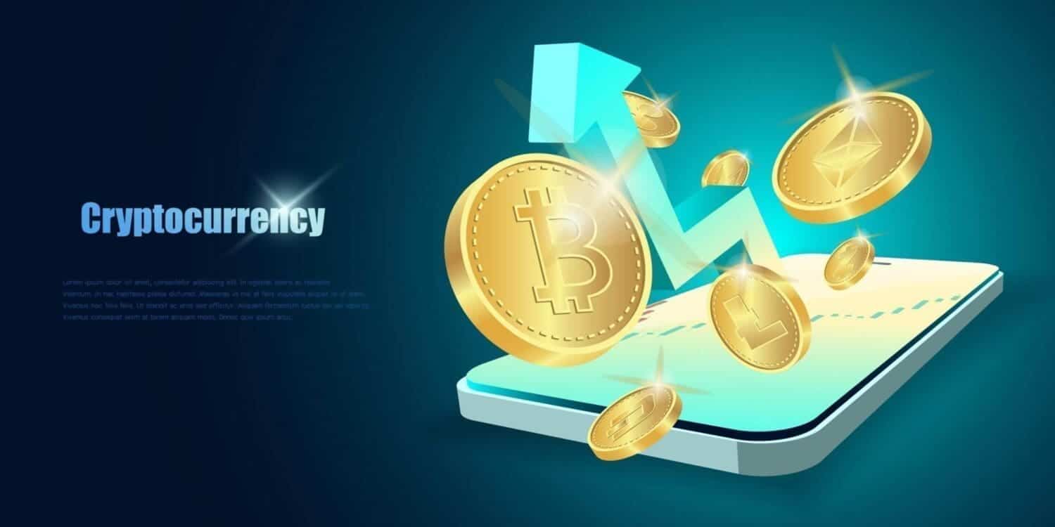 Mobile phone with cryptocurrency growth chart and coins.