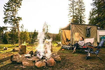Cozy campfire scene at Greenwater Provincial Park campground.