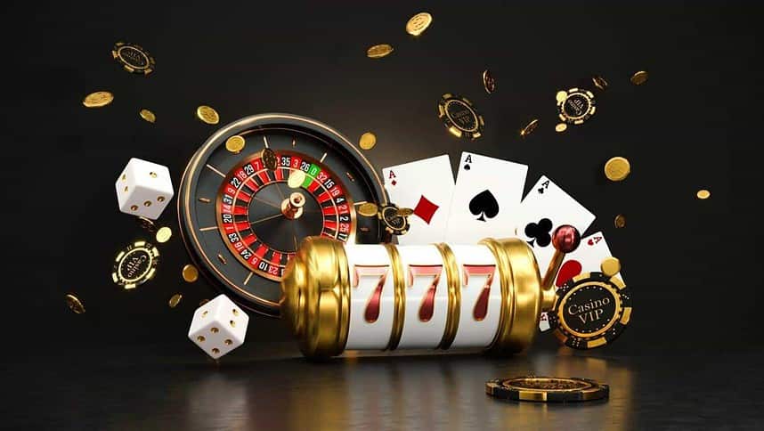 Casino gaming jackpot with roulette and dice.