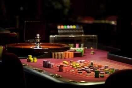 Roulette table with chips at casino.