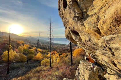 Autumn sunset at a Kelowna viewpoint with golden foliage.
