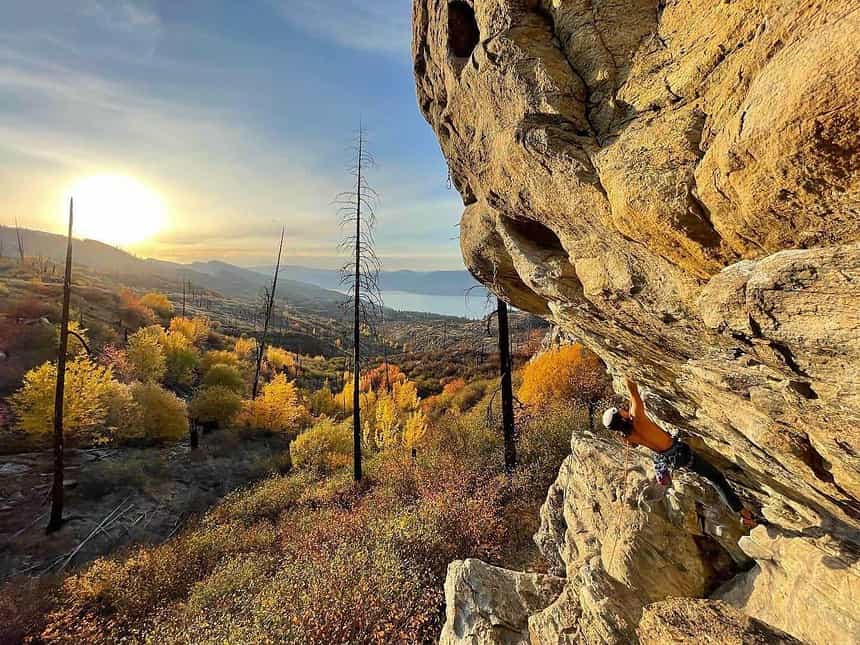 Autumn sunset at a Kelowna viewpoint with golden foliage.