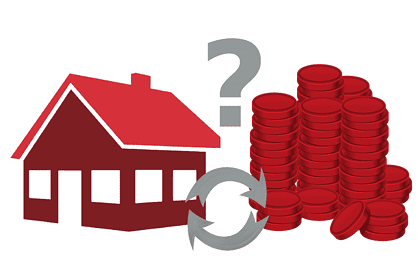 Illustration of house and coin stacks representing real estate costs.
