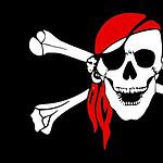 Pirate skull with red bandana and crossbones vector illustration.