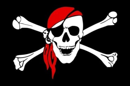 Pirate skull with red bandana and crossbones vector illustration.