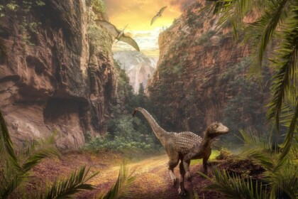Dinosaur in ancient valley with waterfalls and flying pterosaurs.