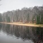 Tranquil winter scene at a lakeside provincial park.