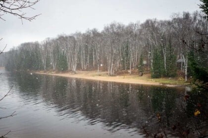 Tranquil winter scene at a lakeside provincial park.