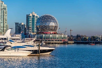 Vancouver Science World and city skyline at False Creek
