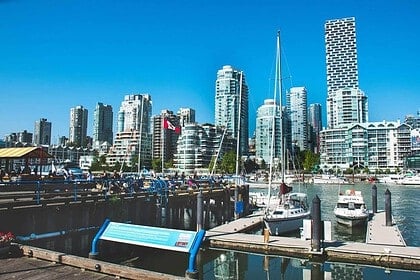 Vancouver waterfront and skyline on a sunny day.