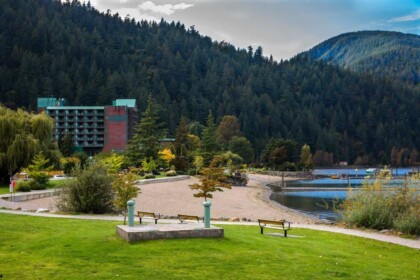 Scenic view of Harrison Hot Springs resort and landscape