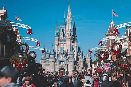Crowded day at Disney Worlds iconic Cinderella Castle