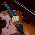 Elegant violin and bow on velvet background, symbolizing classical music.
