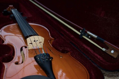 Elegant violin and bow on velvet background, symbolizing classical music.