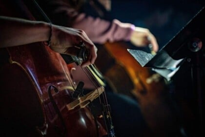Close-up of a cellist performing at a candlelit tribute concert.
