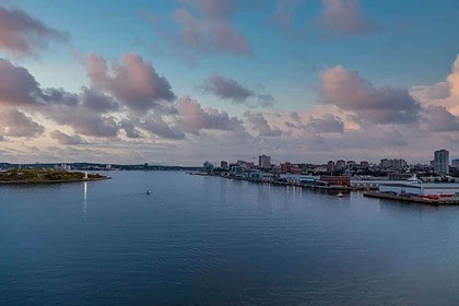 Twilight over Halifax Harbour with city skyline.