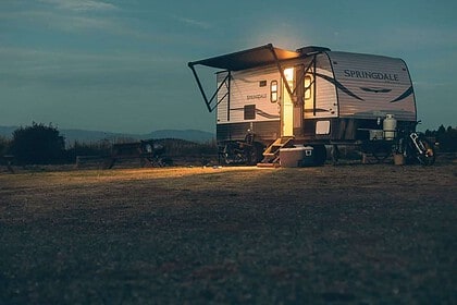 Illuminated RV camping at dusk in British Columbia