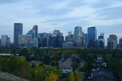Calgary skyline in autumn with foliage.
