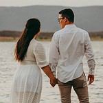 Elegant attire for a romantic engagement party.