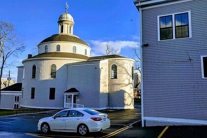 Sunny day view of historic Halifax church architecture.