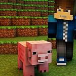Minecraft player with pig next to grassy hill.