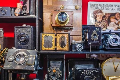 Vintage camera collection on display.