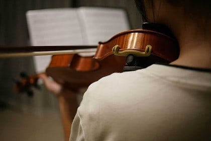 Violinist performing at Coldplay tribute concert in Edmonton.