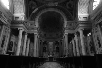 Elegant black and white interior of Abbotsford church.