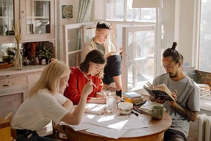 Students engaged in a group study session indoors