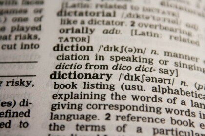 Close-up of dictionary page for language learning.
