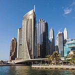 Luxurious skyscrapers along Dubai waterfront, United Arab Emirates.