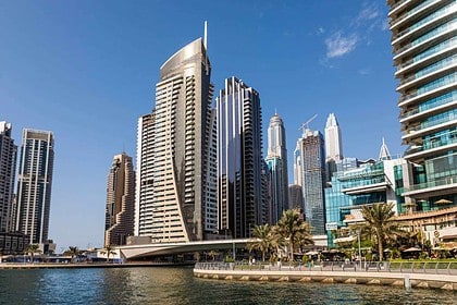 Luxurious skyscrapers along Dubai waterfront, United Arab Emirates.