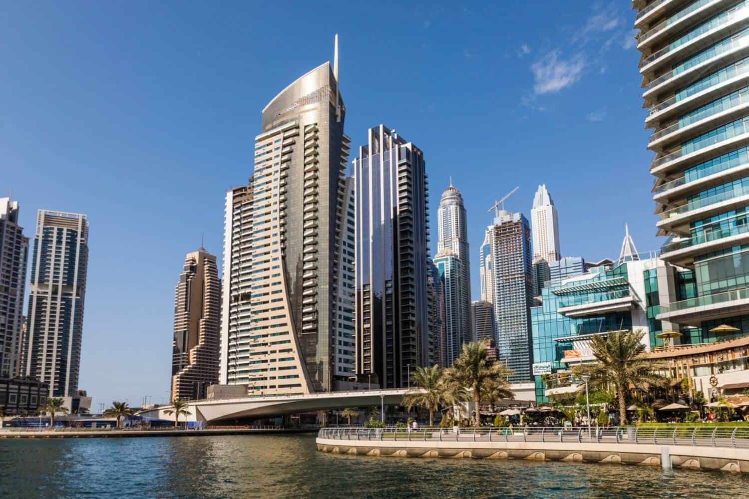 Luxurious skyscrapers along Dubai waterfront, United Arab Emirates.