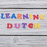 Colorful magnetic letters spelling Learning Dutch on a wooden surface.