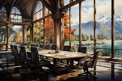 Elegant dining room with panoramic view at Llao Llao Hotel, Bariloche.